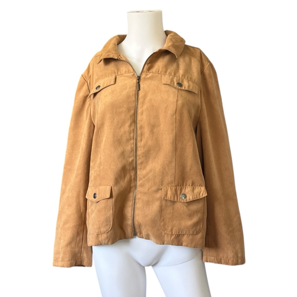 Studio Works Tan Zip Up Chore Jacket Lightweight Faux Suede Womens Size 16P